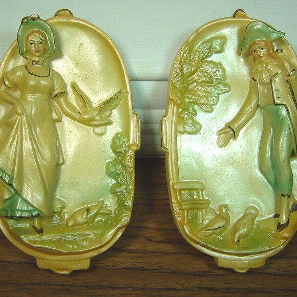 2 Vintage chalk ware plaques-man & lady with birds--7" x 4 1/4" - Picture 1 of 6